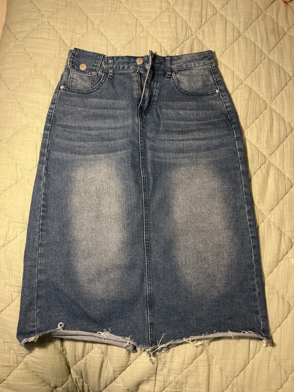 Allegra K Blue Washed High-Waist Midi Denim Skirt